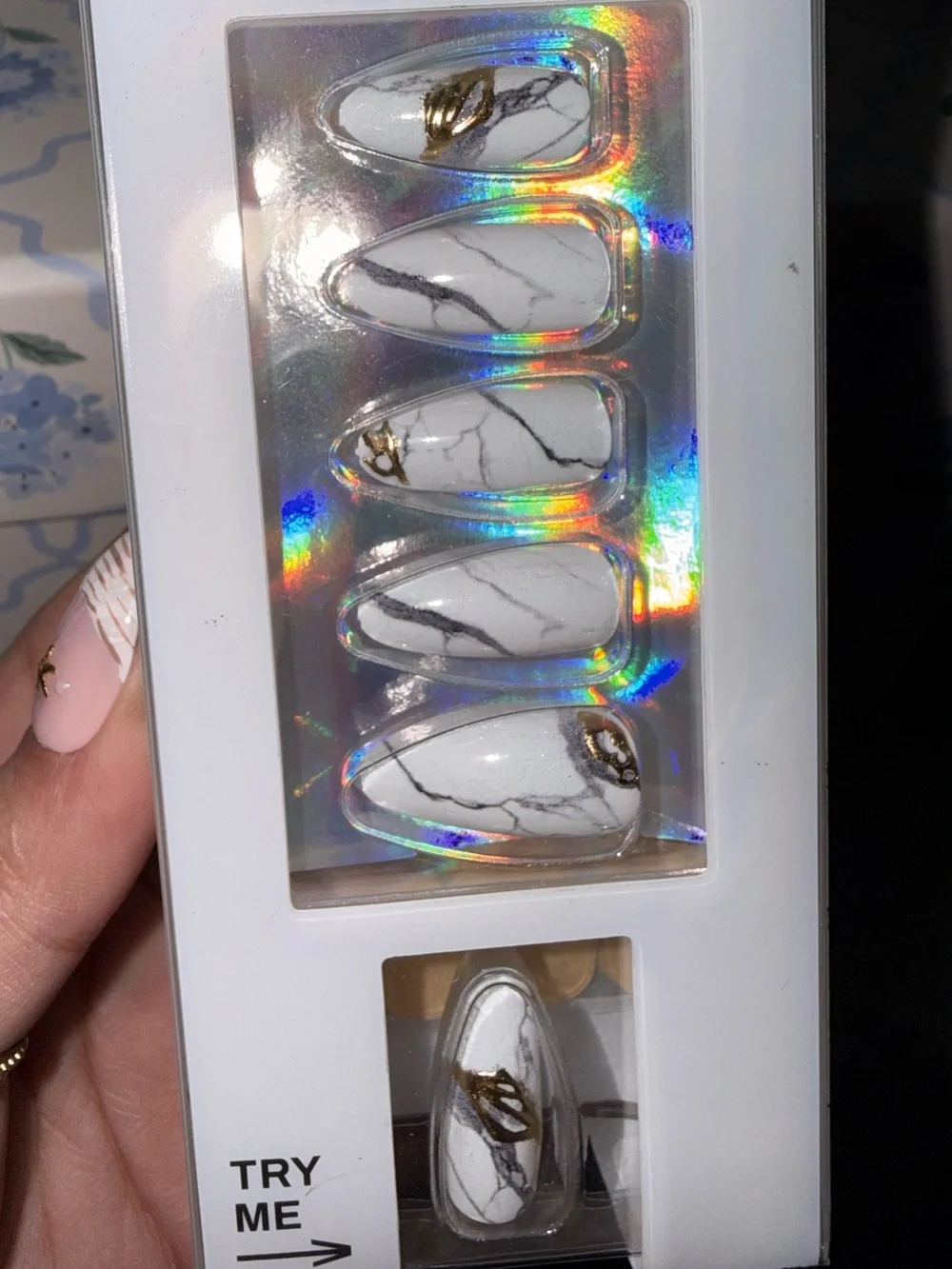 Never Have I Ever White Marble Press-On Nails with Gold Accent